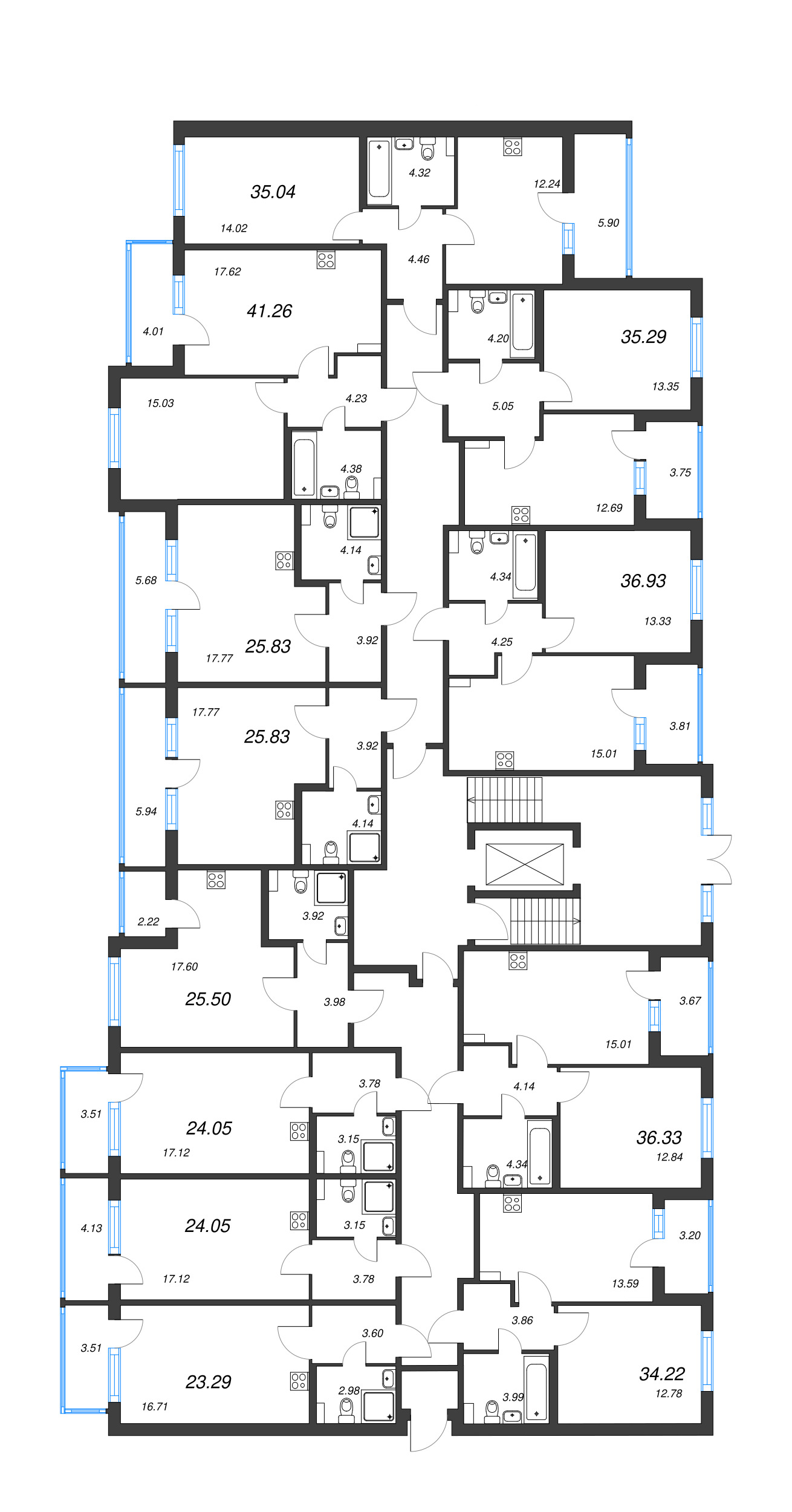 2-комнатная (Евро) квартира, 36.93 м² - планировка этажа