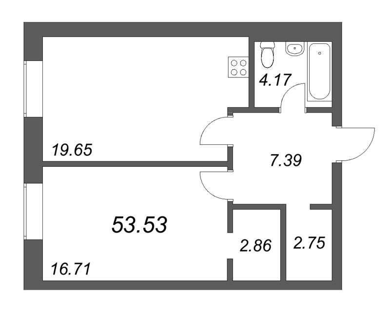 2-комнатная (Евро) квартира, 53.53 м² в ЖК "Фонтанка 130" - планировка, фото №1