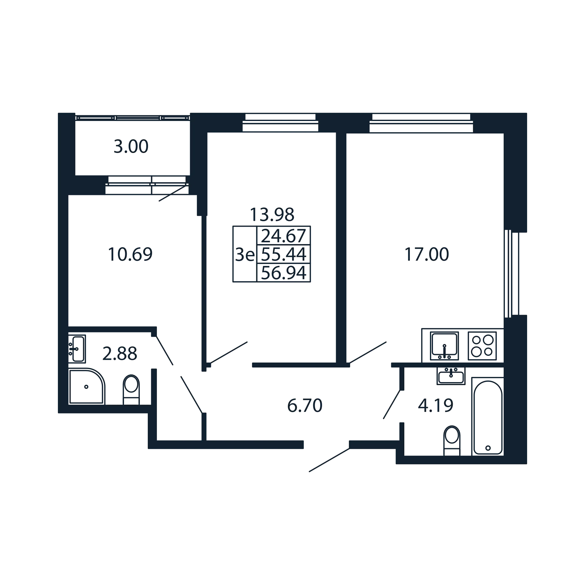 3-комнатная (Евро) квартира, 55.44 м² в ЖК "Полис Новоселье" - планировка, фото №1