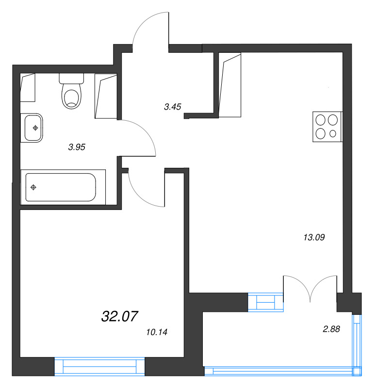 2-комнатная (Евро) квартира, 32.07 м² в ЖК "Кронунг Янино" - планировка, фото №1