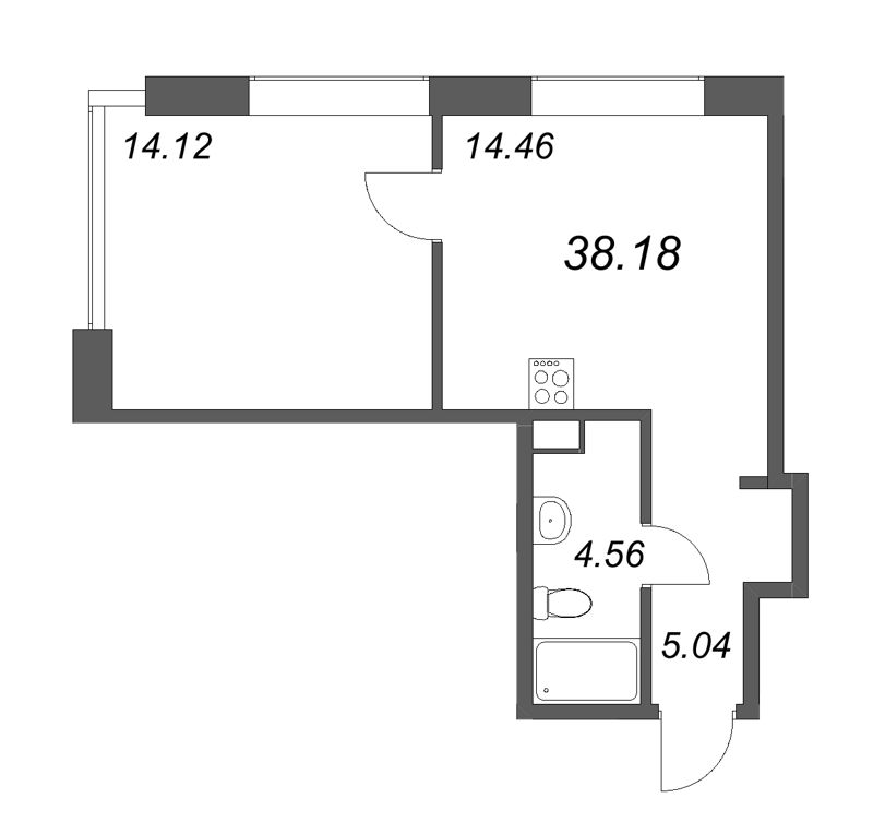 1-комнатная квартира, 38.18 м² - планировка, фото №1