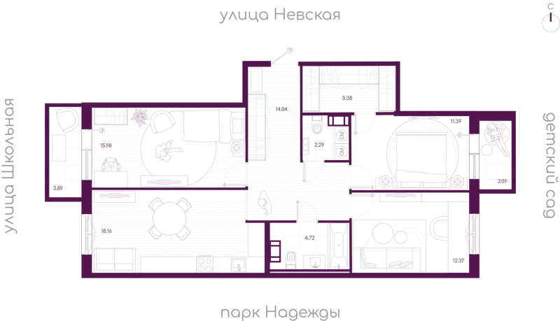 3-комнатная квартира, 86.43 м² - планировка, фото №1