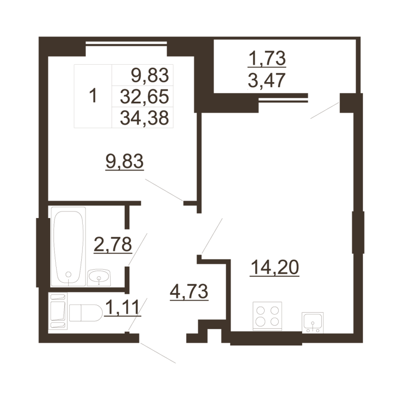 1-комнатная квартира, 33.8 м² в ЖК "Рубеж" - планировка, фото №1