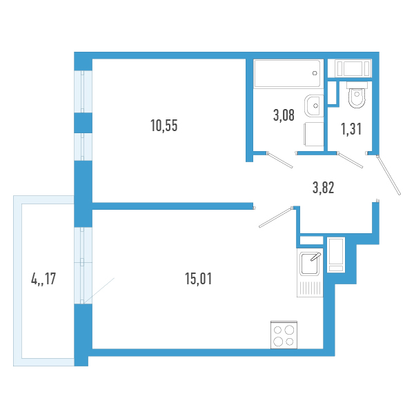 2-комнатная (Евро) квартира, 35.02 м² в ЖК "AEROCITY" - планировка, фото №1