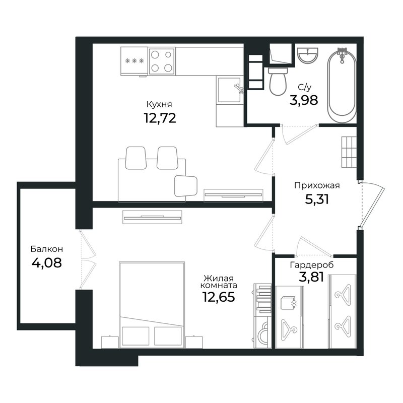 1-комнатная квартира, 37.7 м² в ЖК "Сертолово Парк" - планировка, фото №1
