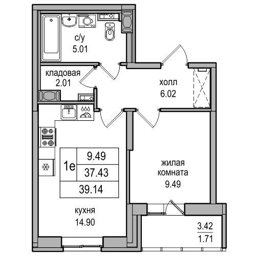 1-комнатная квартира, 38.5 м² в ЖК "Северная Долина" - планировка, фото №1