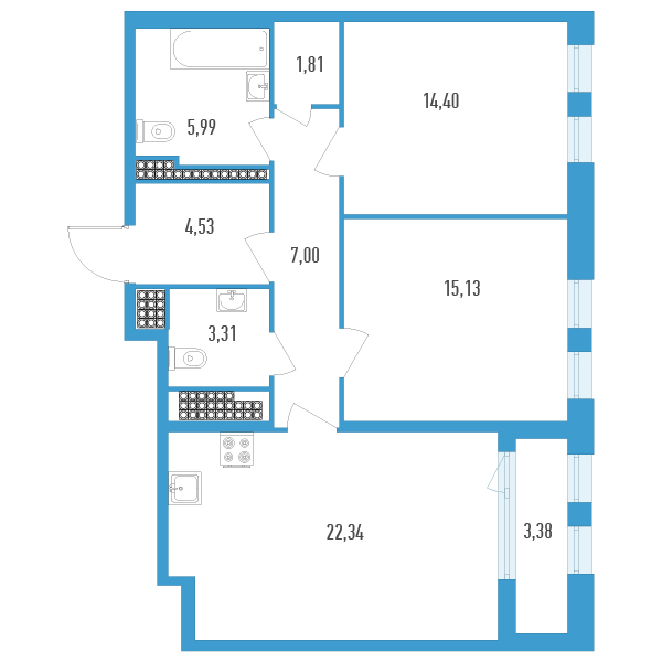 3-комнатная (Евро) квартира, 76.2 м² в ЖК "Дефанс Премиум" - планировка, фото №1