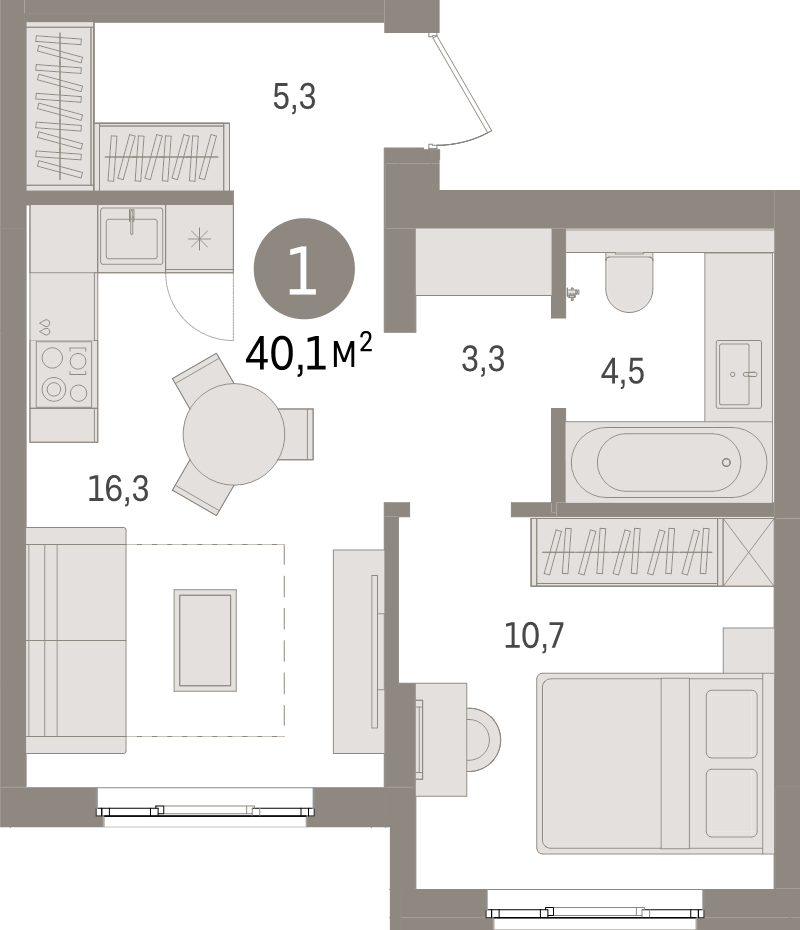 2-комнатная (Евро) квартира, 40.1 м² в ЖК "Брусника в Новоселье" - планировка, фото №1