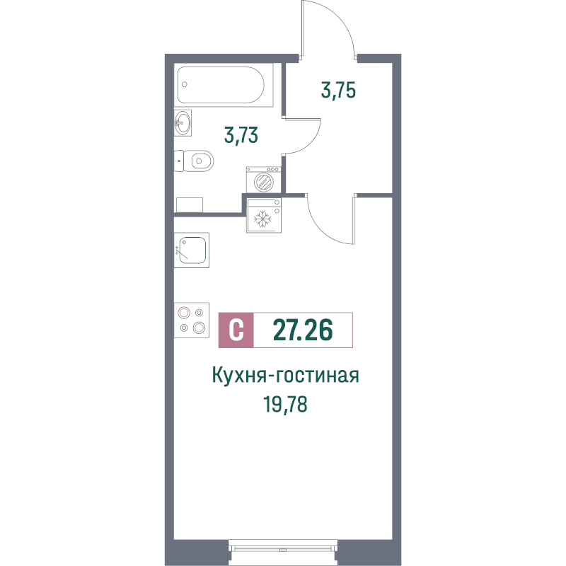 Квартира-студия, 28.76 м² - планировка, фото №1