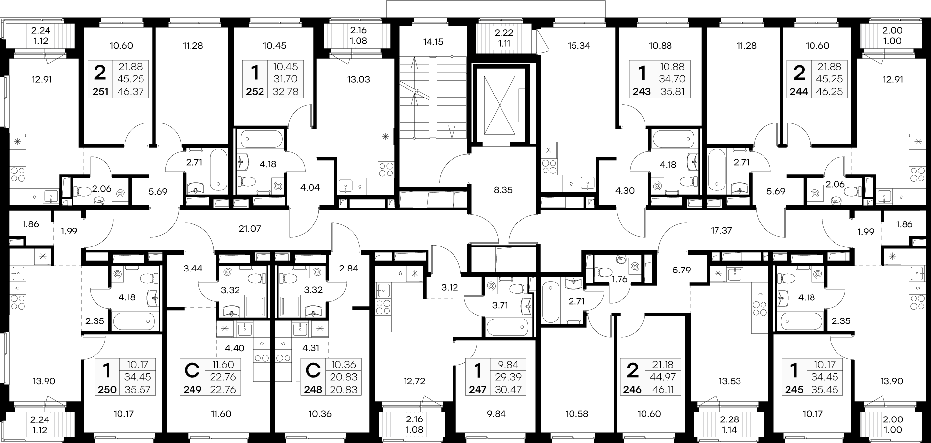 2-комнатная квартира, 46.37 м² в ЖК "GloraX Новоселье" - планировка этажа