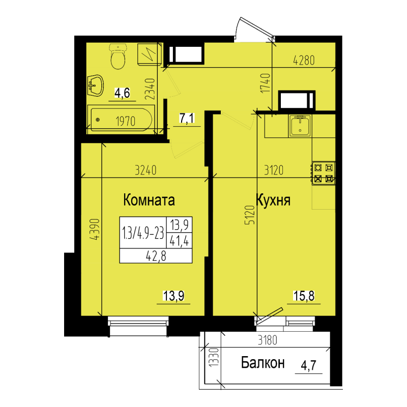 2-комнатная (Евро) квартира, 42.8 м² в ЖК "ПРАГМА city" - планировка, фото №1
