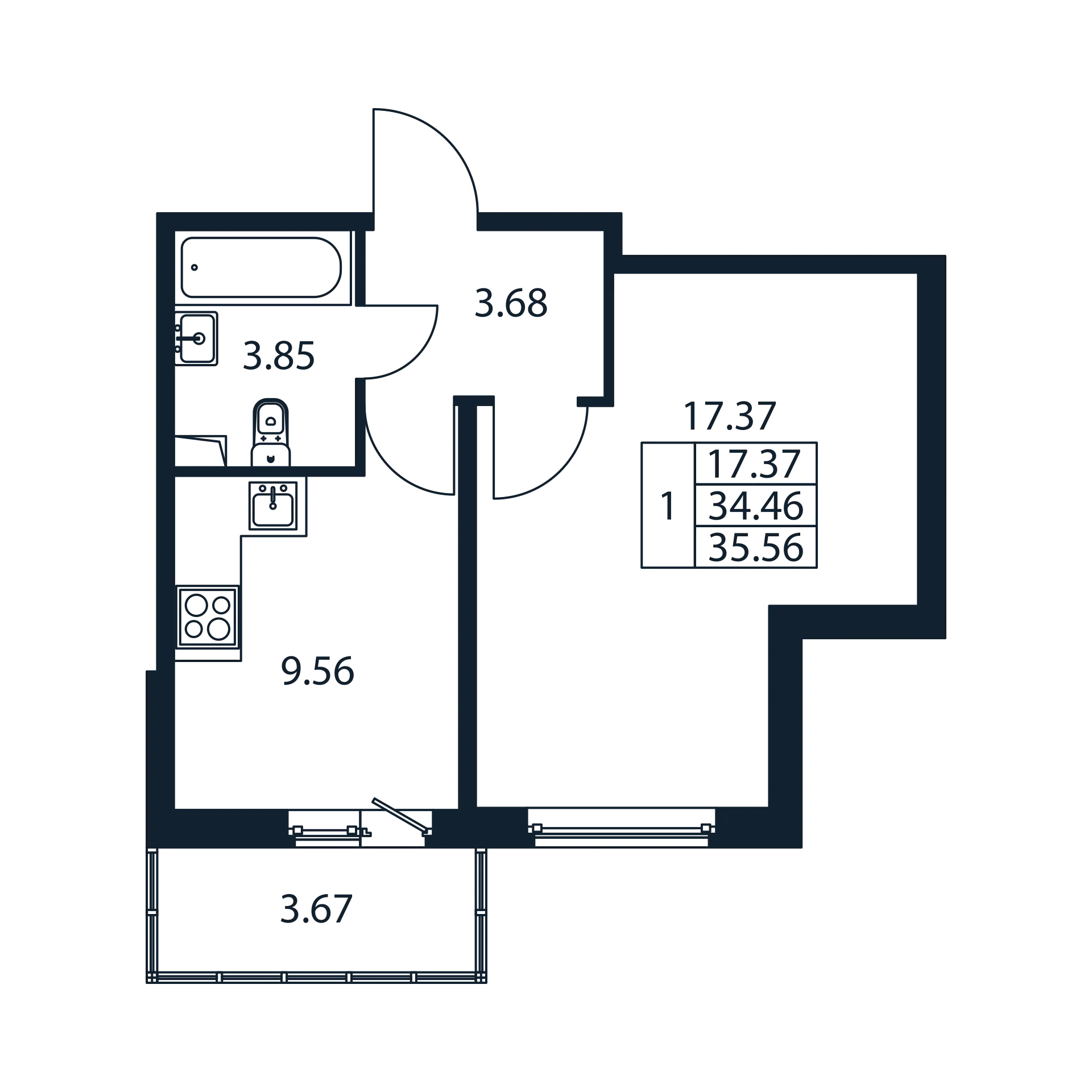 1-комнатная квартира, 34.46 м² в ЖК "Полис ЛАВрики" - планировка, фото №1