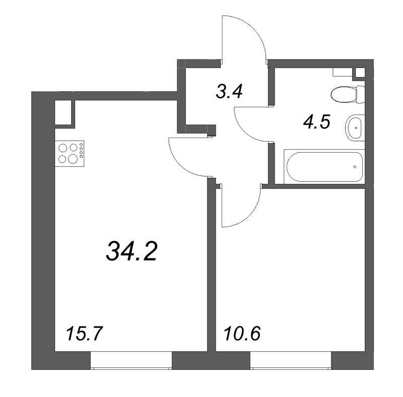 2-комнатная (Евро) квартира, 34.2 м² в ЖК "Пулково Lake" - планировка, фото №1