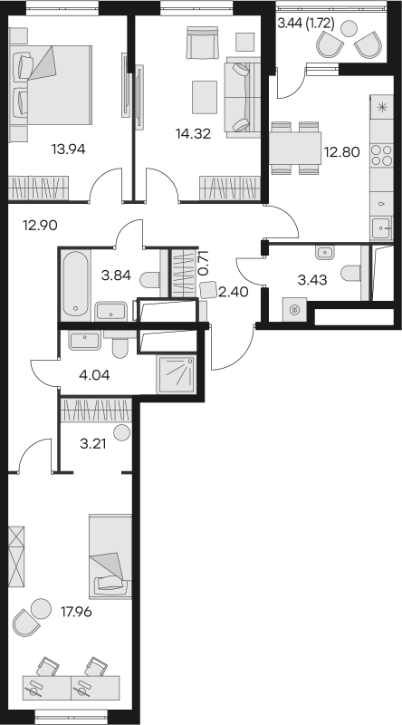 3-комнатная квартира, 91.27 м² - планировка, фото №1