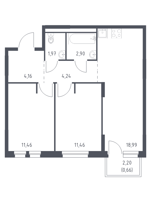 3-комнатная (Евро) квартира, 55.84 м² в ЖК "Невская Долина" - планировка, фото №1