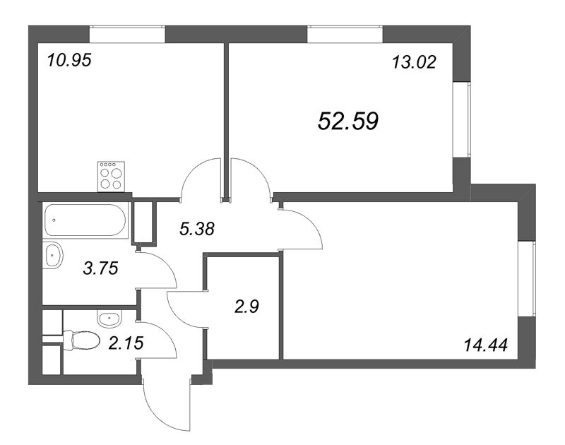 2-комнатная квартира, 52.59 м² в ЖК "Кинопарк" - планировка, фото №1