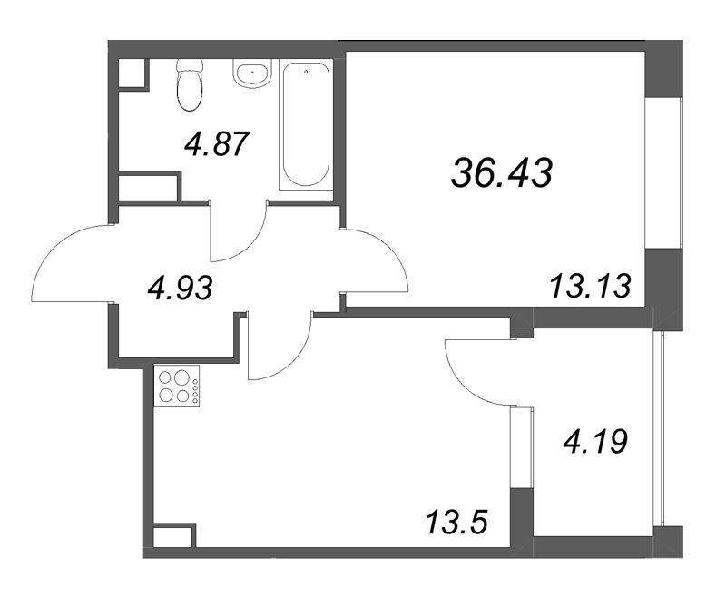 1-комнатная квартира, 36.43 м² в ЖК "Дом на Курской" - планировка, фото №1