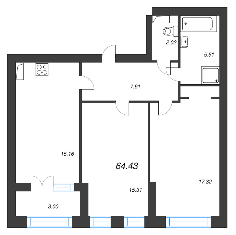 2-комнатная квартира, 64.43 м² - планировка, фото №1