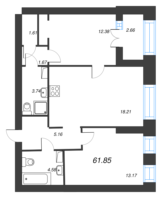 2-комнатная квартира, 61.85 м² в ЖК "Наука" - планировка, фото №1