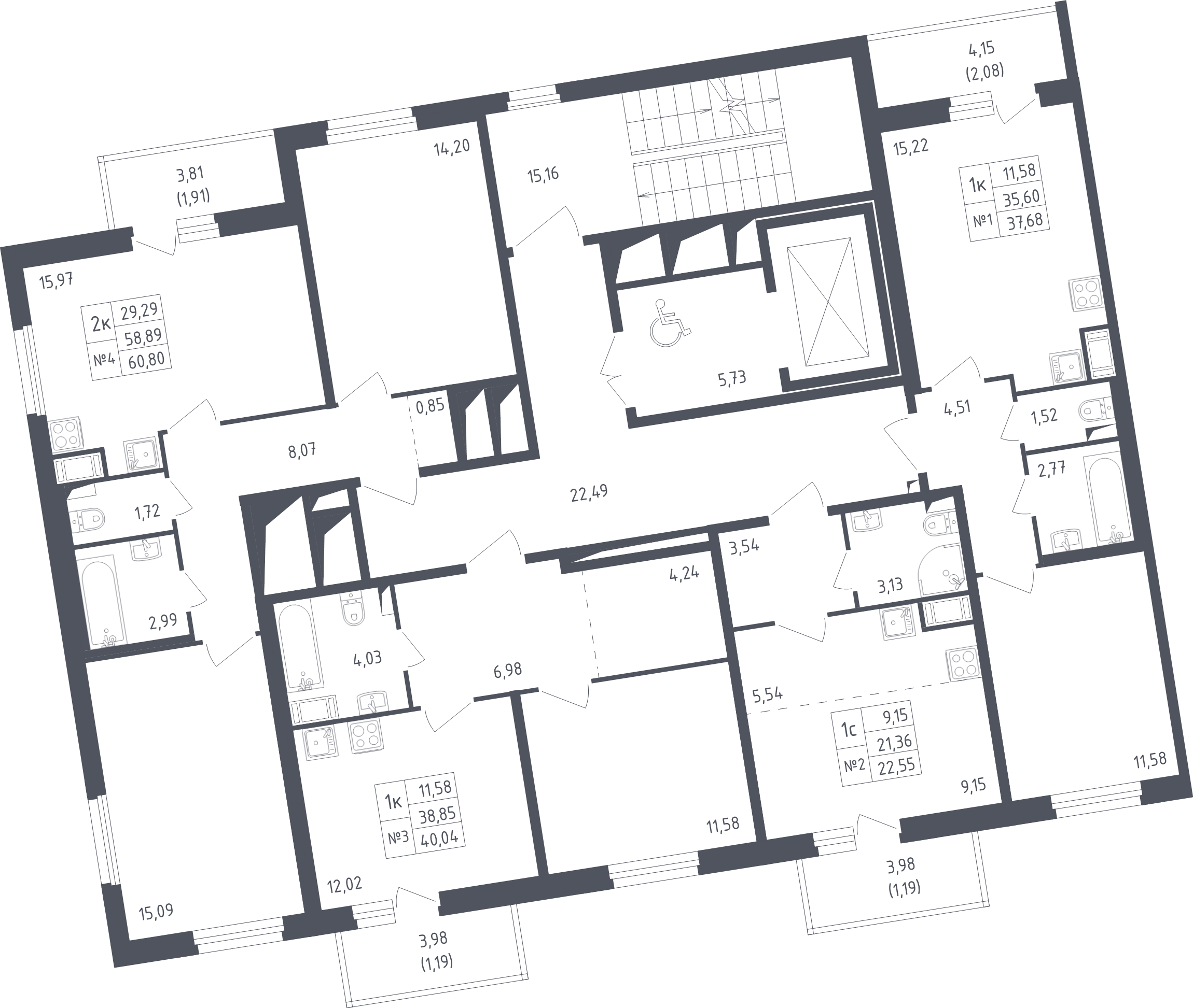 3-комнатная (Евро) квартира, 60.8 м² - планировка этажа