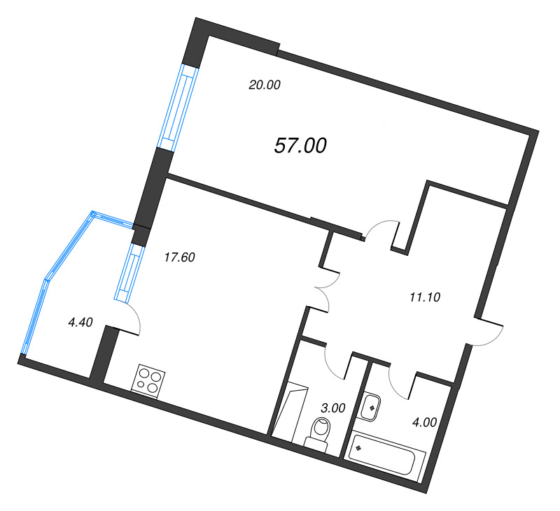 1-комнатная квартира, 57 м² - планировка, фото №1