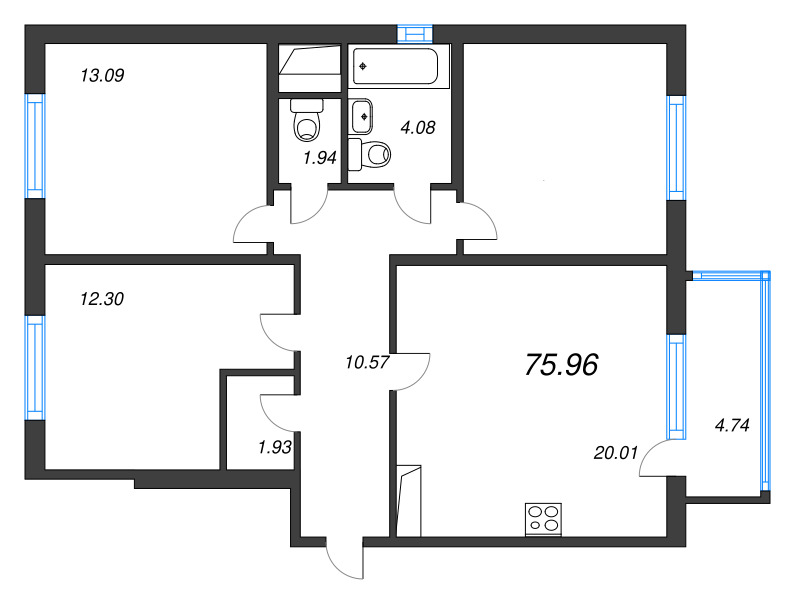 4-комнатная (Евро) квартира, 75.96 м² в ЖК "ЮгТаун" - планировка, фото №1
