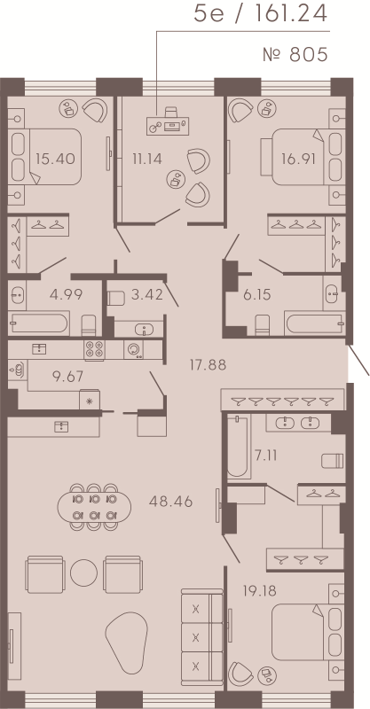 5-комнатная (Евро) квартира, 161.24 м² в ЖК "17/33 Петровский остров" - планировка, фото №1