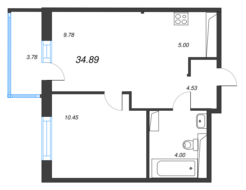 2-комнатная (Евро) квартира, 34.89 м² в ЖК "Окла" - планировка, фото №1