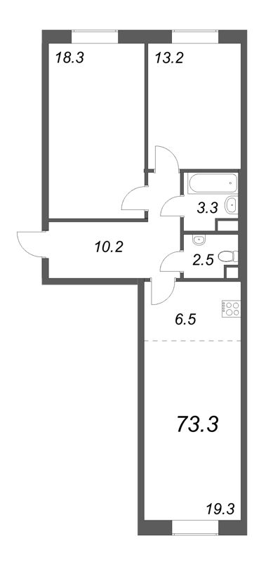 3-комнатная (Евро) квартира, 73.5 м² - планировка, фото №1