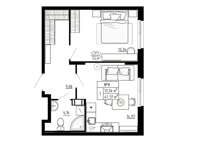 1-комнатная квартира, 41.7 м² в ЖК "Аннино Сити" - планировка, фото №1
