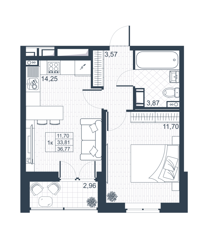 1-комнатная квартира, 33.7 м² в ЖК "Ново-Антропшино" - планировка, фото №1