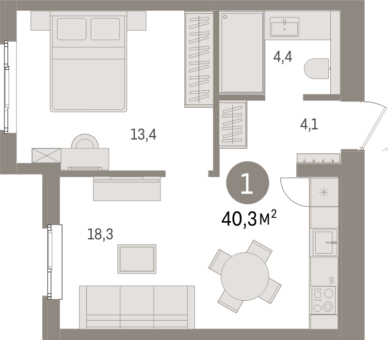 2-комнатная (Евро) квартира, 40.3 м² в ЖК "Брусника в Новоселье" - планировка, фото №1