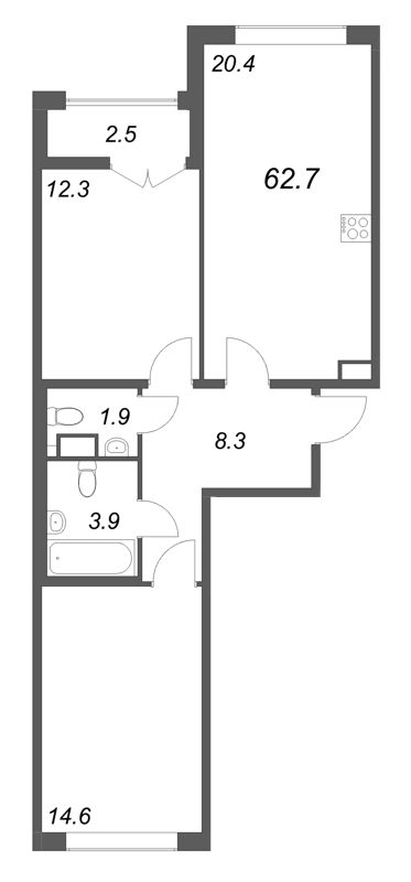 3-комнатная (Евро) квартира, 62.7 м² в ЖК "Кронунг ЮГ" - планировка, фото №1