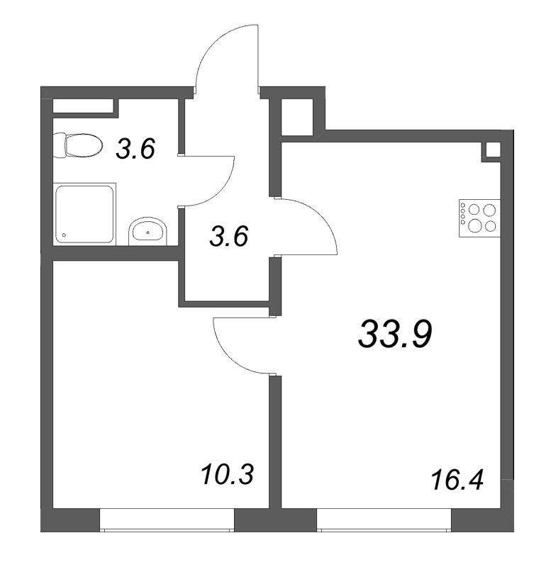 2-комнатная (Евро) квартира, 33.9 м² - планировка, фото №1