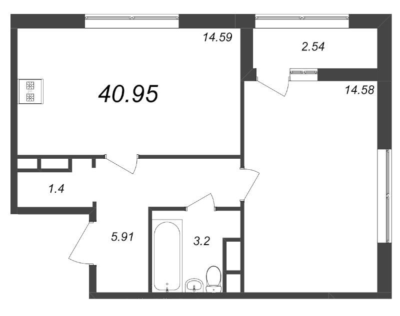 2-комнатная (Евро) квартира, 40.95 м² - планировка, фото №1