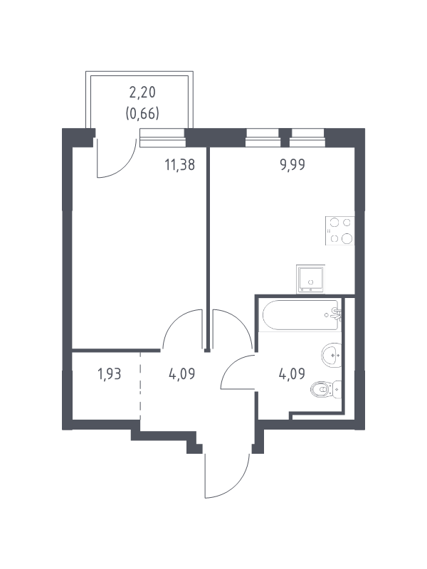 1-комнатная квартира, 32.14 м² - планировка, фото №1