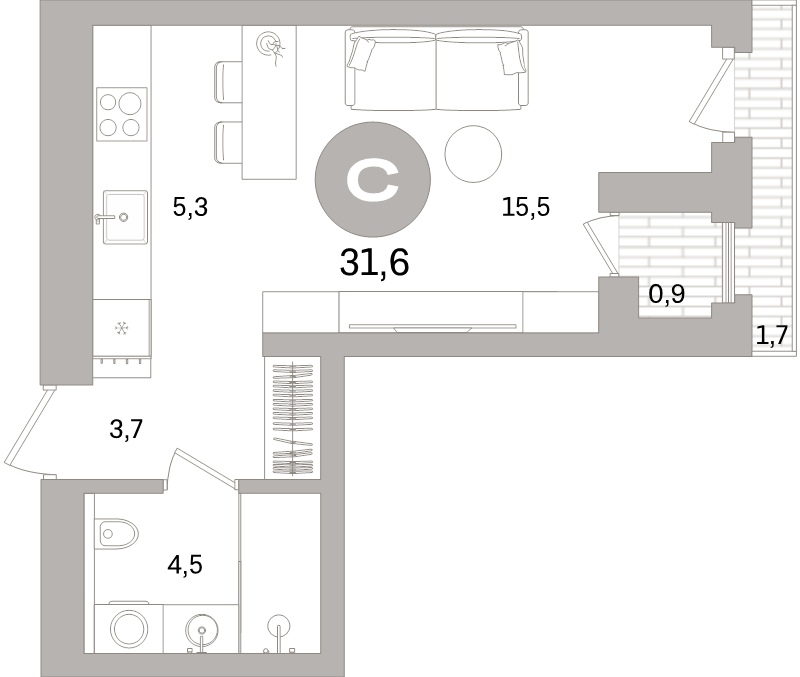 Квартира-студия, 31.6 м² в ЖК "Северный ветер" - планировка, фото №1
