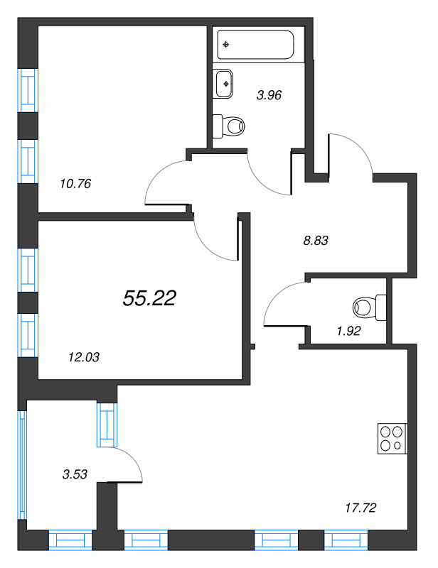3-комнатная (Евро) квартира, 55.22 м² - планировка, фото №1