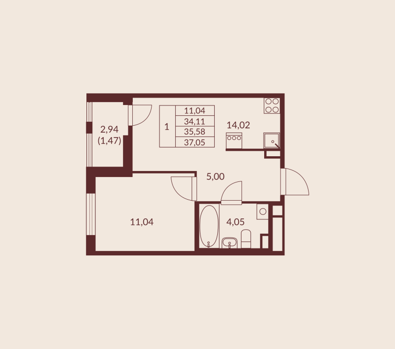 1-комнатная квартира, 35.58 м² в ЖК "Амурино" - планировка, фото №1