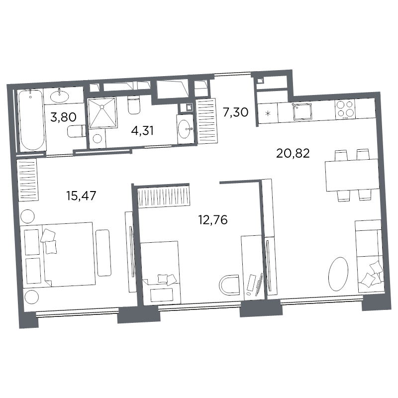3-комнатная (Евро) квартира, 64.46 м² в ЖК "Акватория" - планировка, фото №1