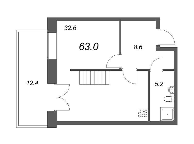 1-комнатная квартира, 62 м² - планировка, фото №1