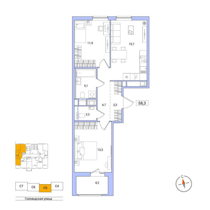 3-комнатная (Евро) квартира, 58.3 м² - планировка, фото №1