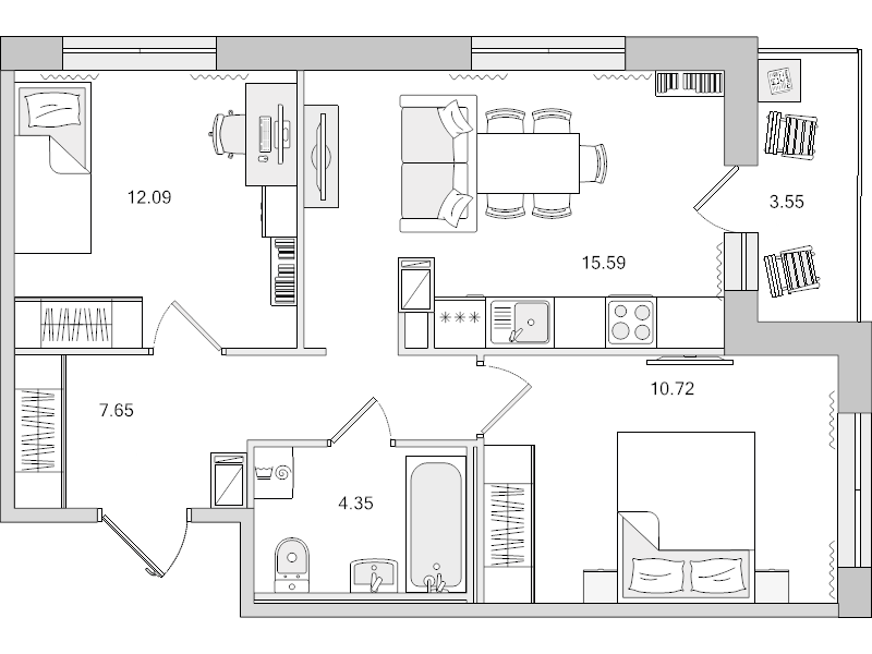 3-комнатная (Евро) квартира, 50.4 м² - планировка, фото №1