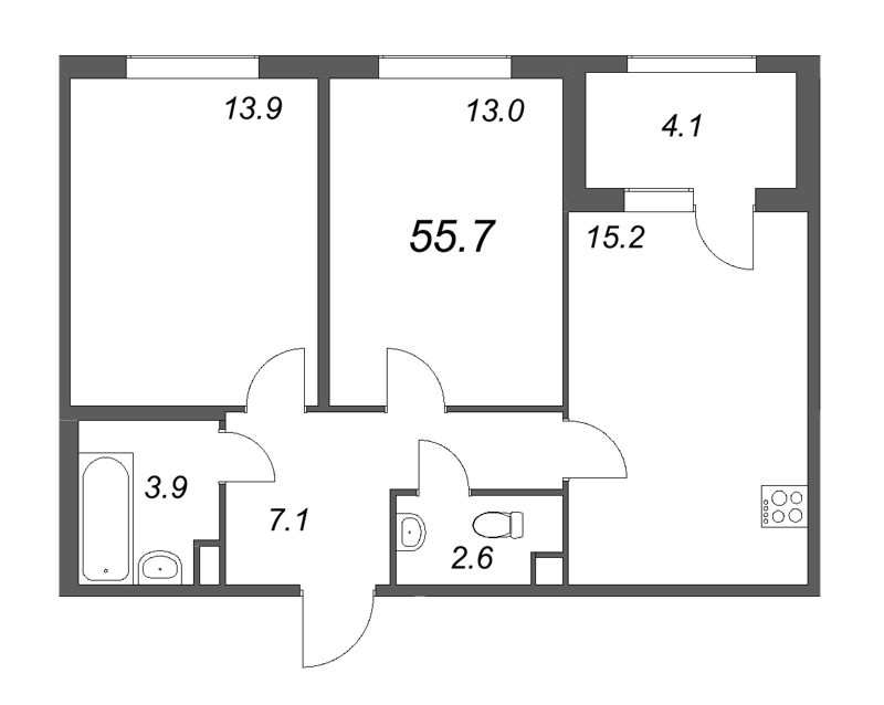 3-комнатная (Евро) квартира, 55.7 м² - планировка, фото №1