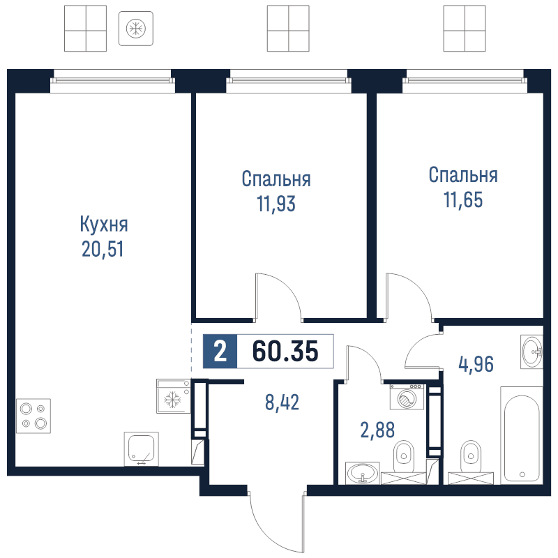 3-комнатная (Евро) квартира, 60.35 м² в ЖК "Максималист" - планировка, фото №1