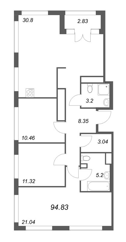 4-комнатная (Евро) квартира, 94.83 м² в ЖК "GloraX Василеостровский" - планировка, фото №1