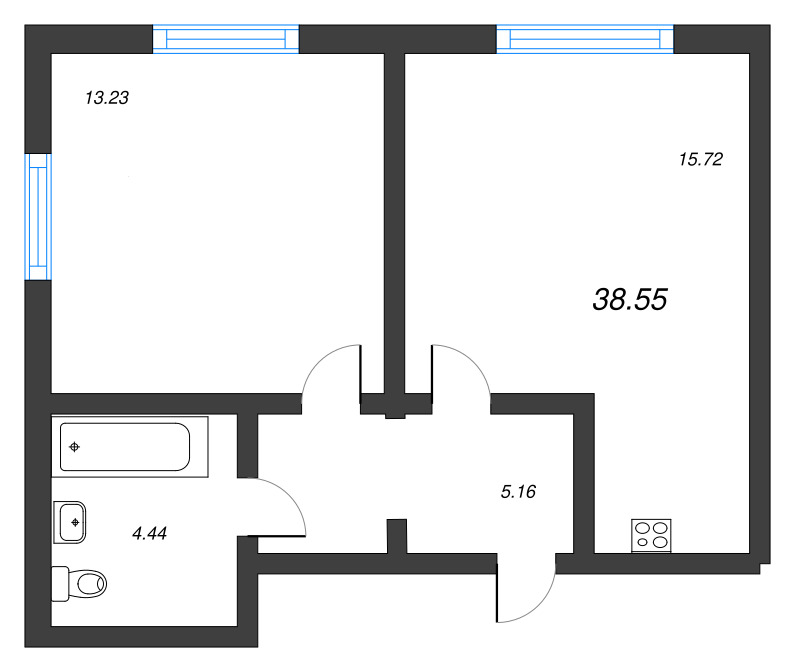 2-комнатная (Евро) квартира, 38.55 м² - планировка, фото №1