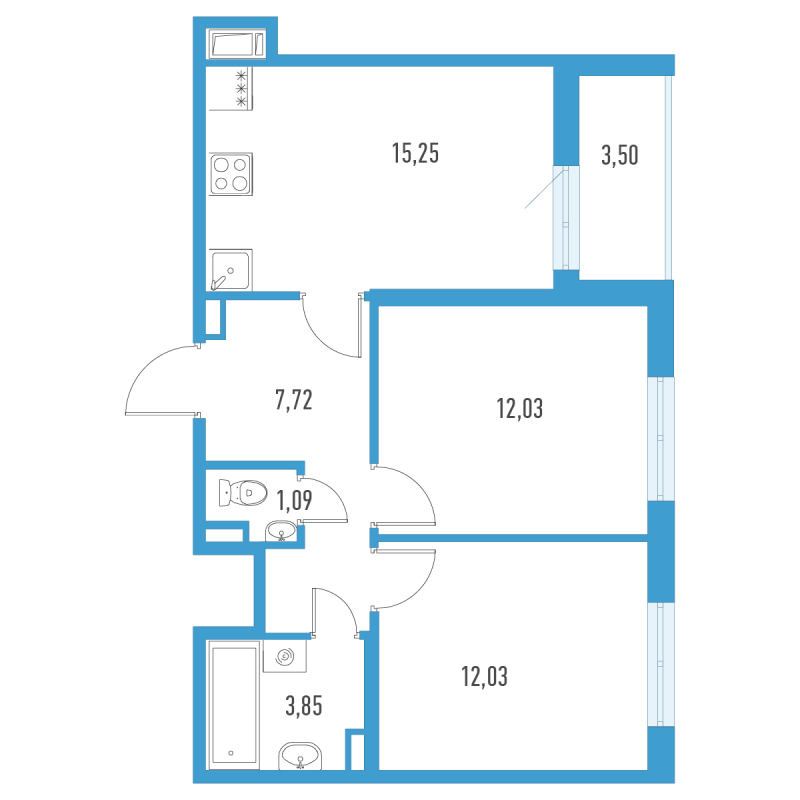 3-комнатная (Евро) квартира, 53.72 м² в ЖК "Аэросити" - планировка, фото №1