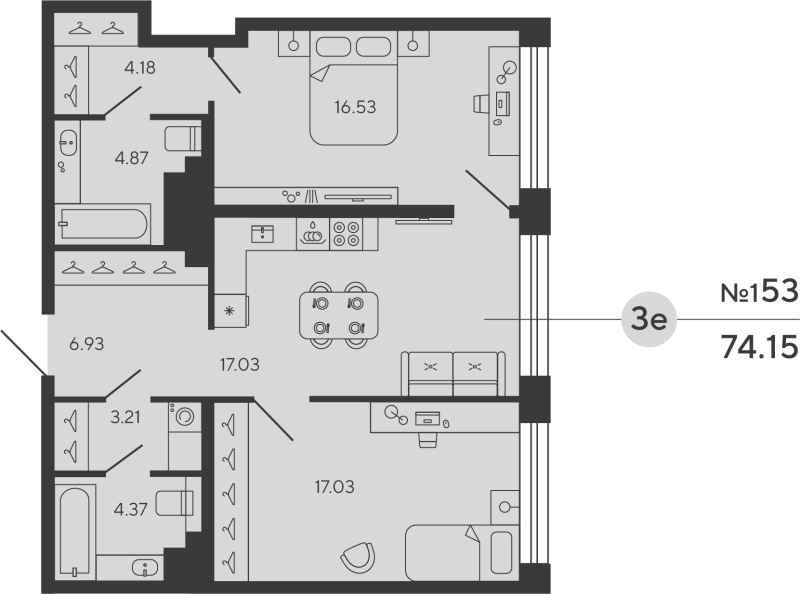 3-комнатная (Евро) квартира, 74.15 м² в ЖК "Башни Элемент" - планировка, фото №1