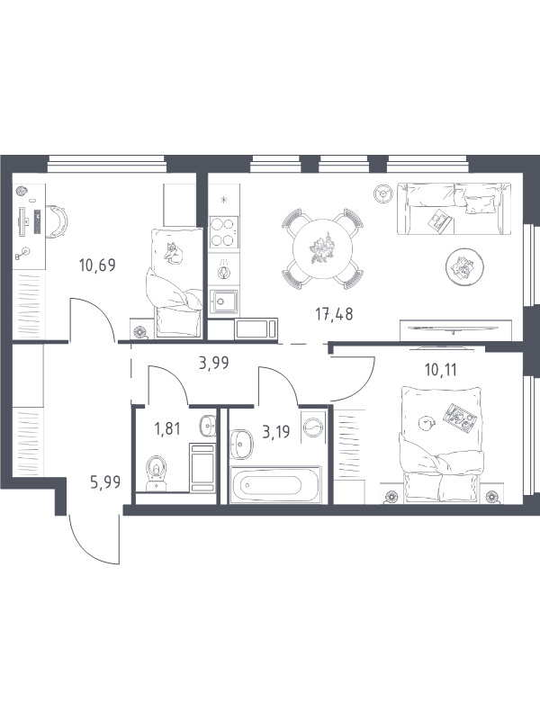 3-комнатная (Евро) квартира, 53.26 м² в ЖК "Новое Колпино" - планировка, фото №1